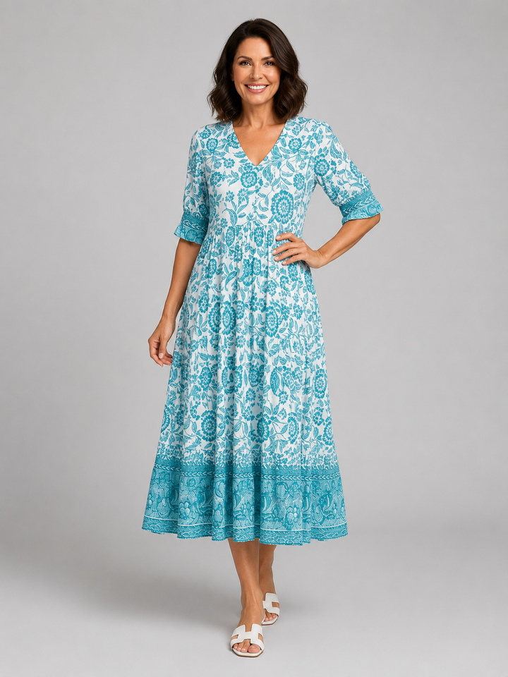 Women's Floral Print Midi Dress - V-Neck Tiered Summer Style product image | Invictora.com