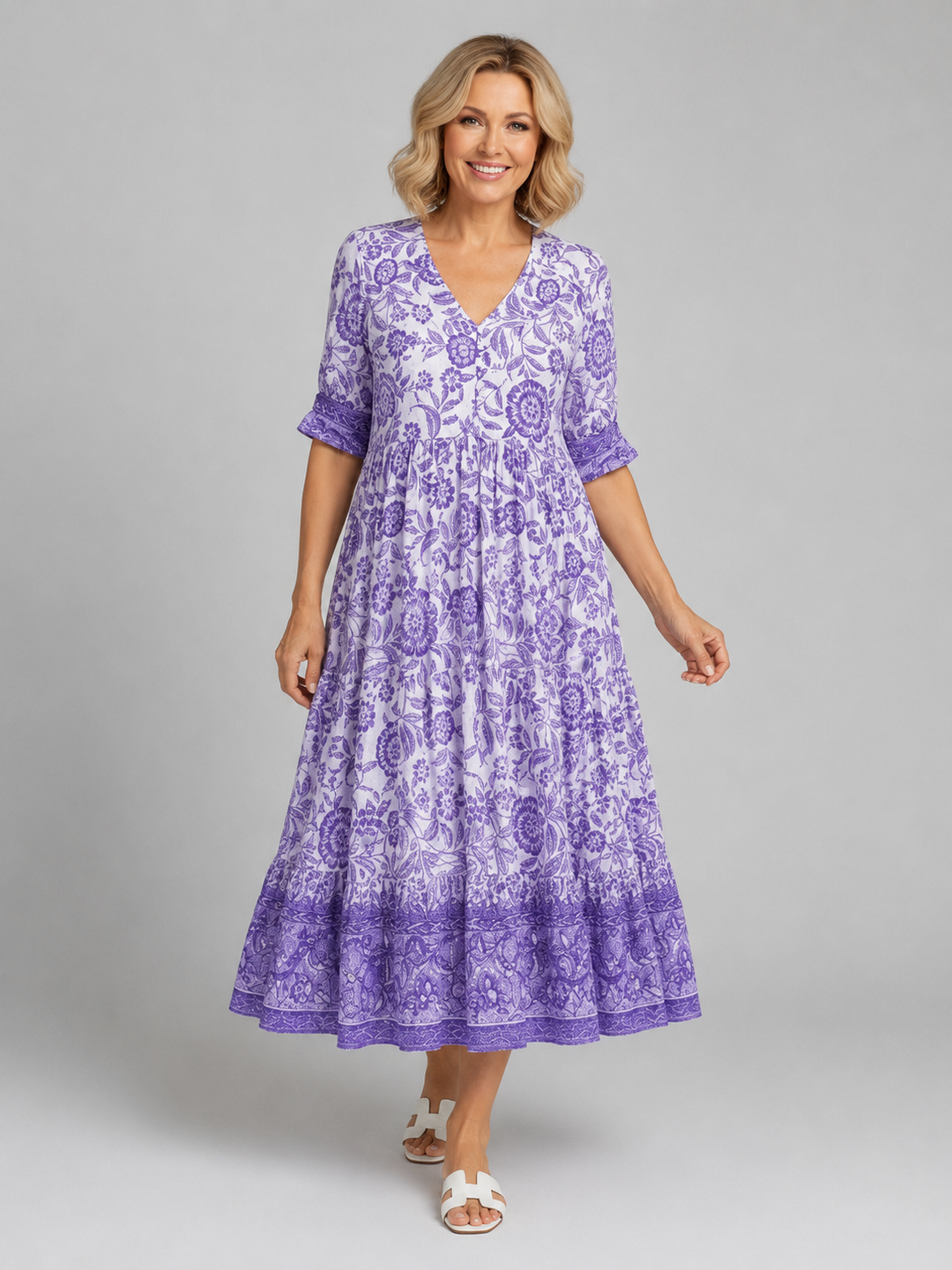 Women's Floral Print Midi Dress - V-Neck Tiered Summer Style product image | Invictora.com