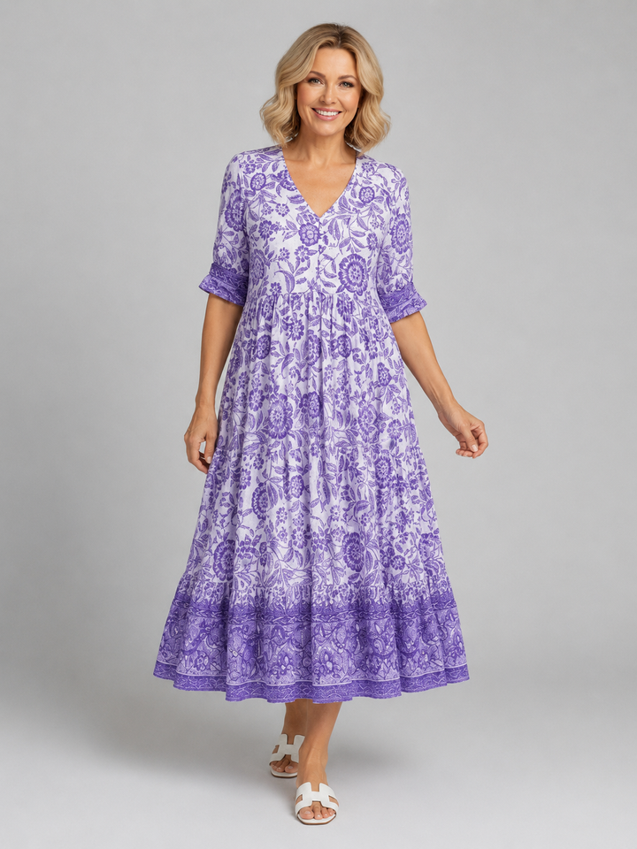 Women's Floral Print Midi Dress - V-Neck Tiered Summer Style product image | Invictora.com
