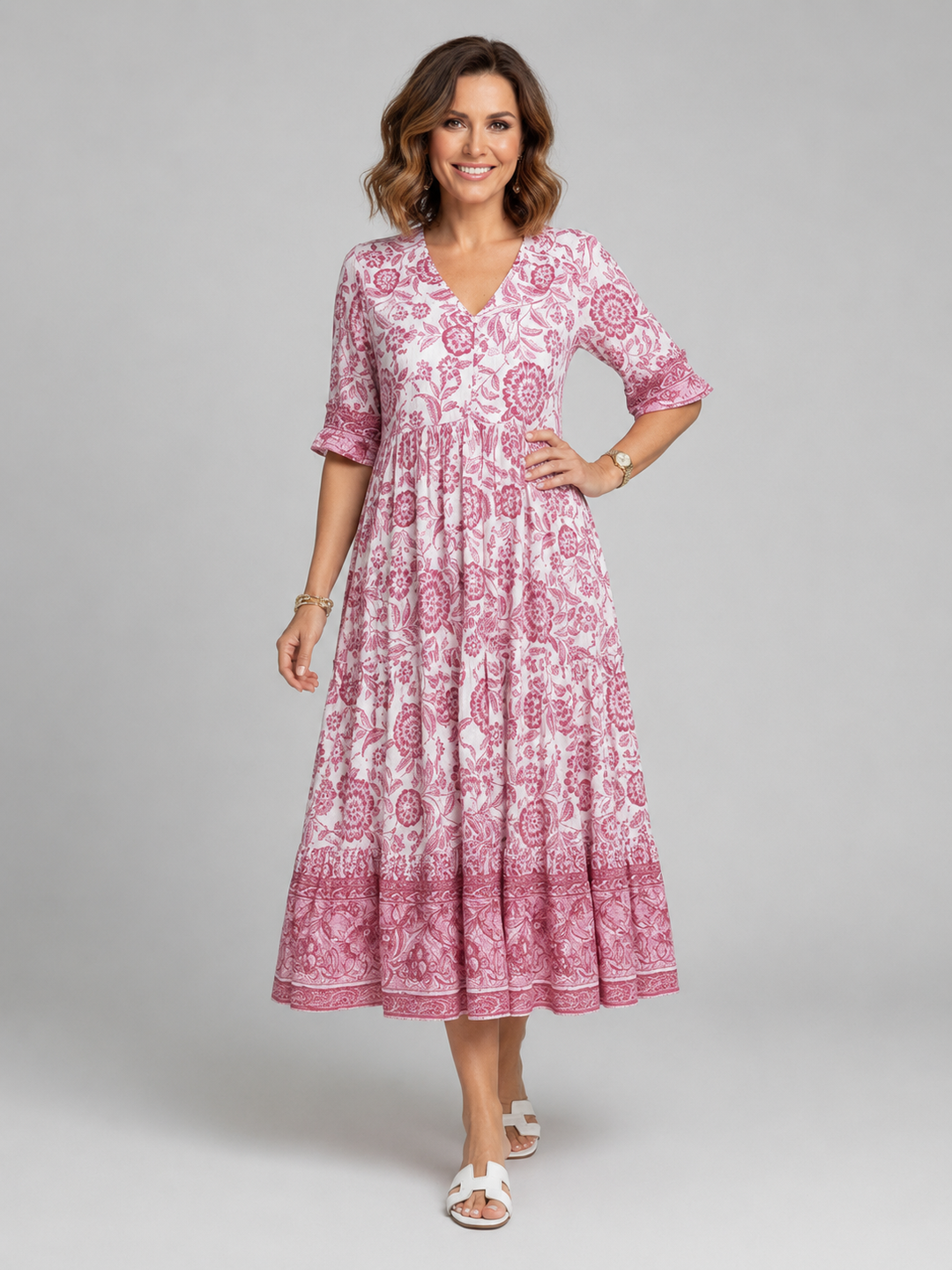 Women's Floral Print Midi Dress - V-Neck Tiered Summer Style product image | Invictora.com