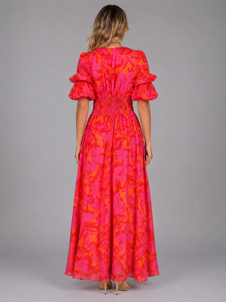 Women's Floral Puff Sleeve Maxi Dress – Summer Occasion Style in Rose Red | Invictora.com