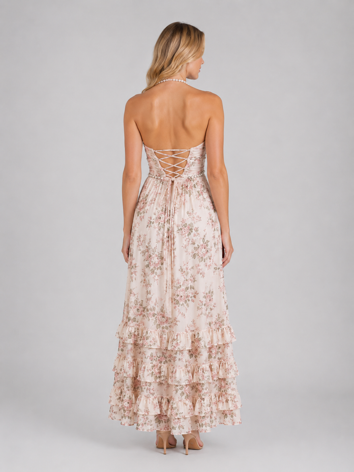 Women's Floral Ruffle Maxi Dress - Beaded Halter Neck product image | Invictora.com