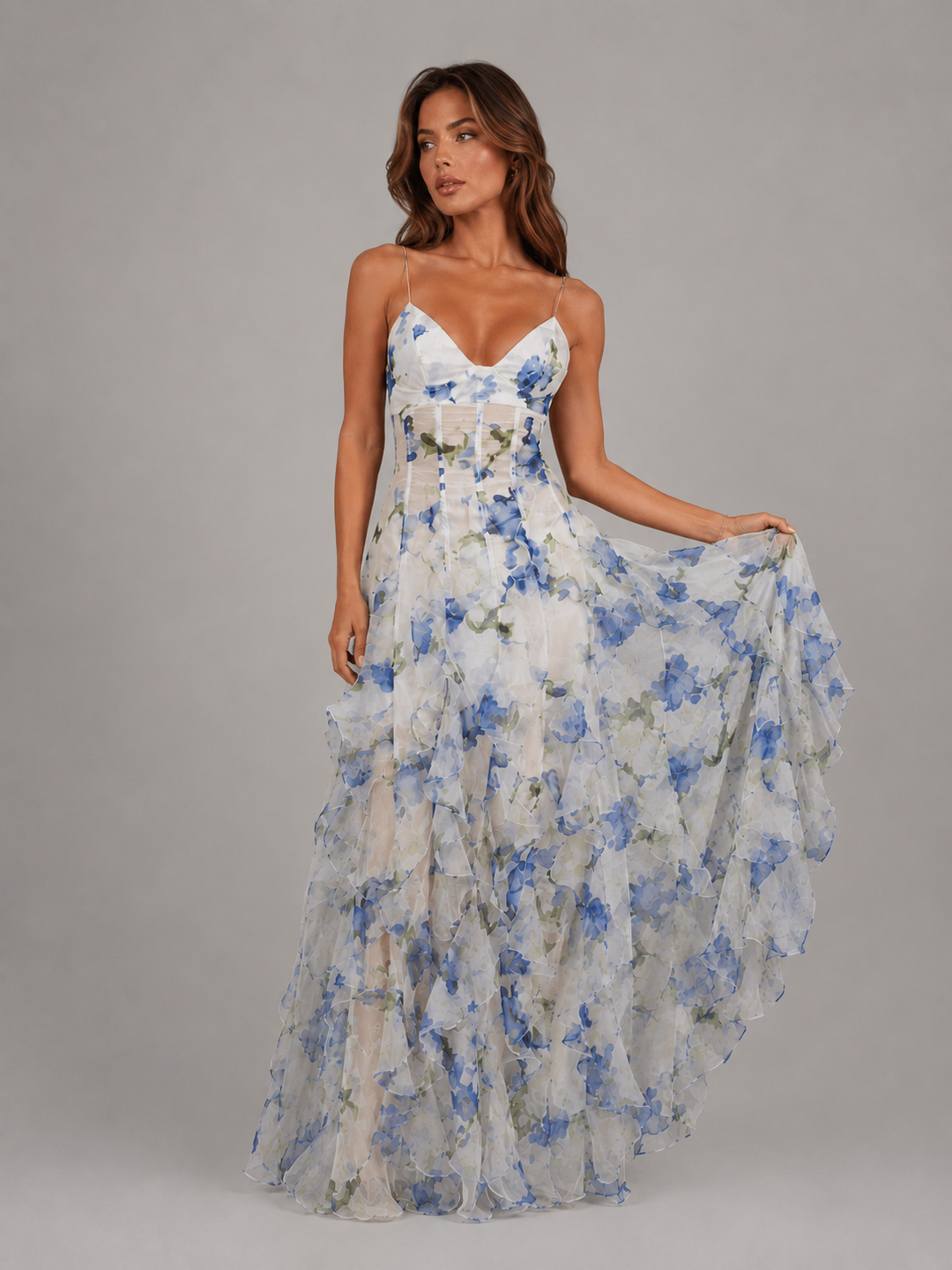 Women's Floral Ruffle Maxi Dress - Chiffon Look Summer Elegance product image | Invictora.com