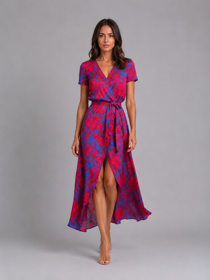 Women's Floral Wrap Midi Dress – Tie Waist Summer Style in Multi | Invictora.com