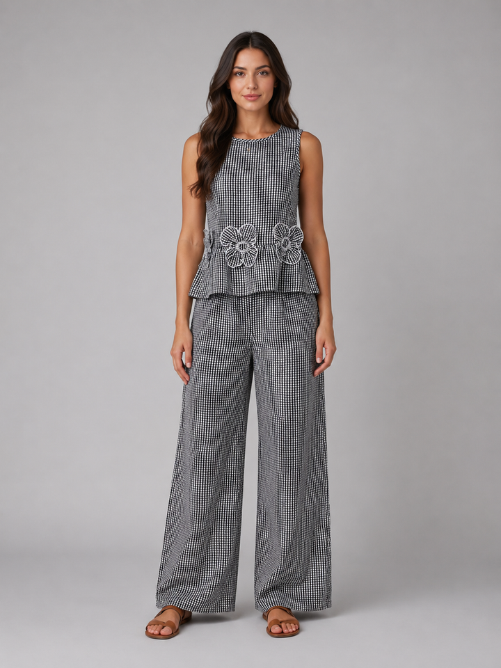 Women's Gingham Two-Piece Set - Sleeveless Top & Wide Leg Trousers product image | Invictora.com
