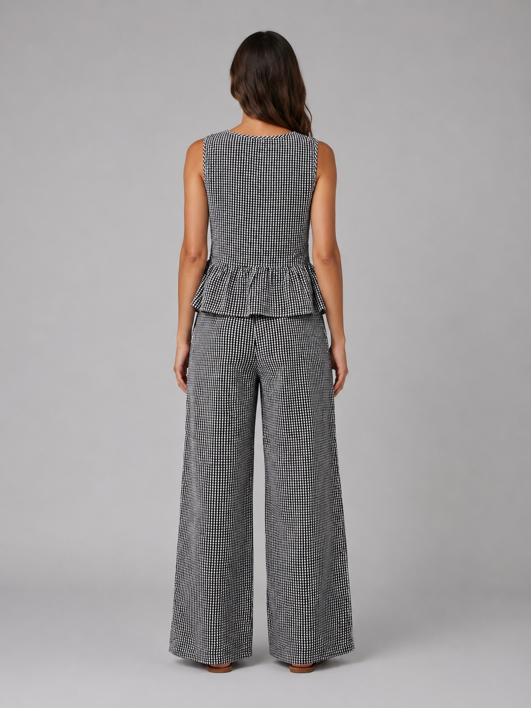Women's Gingham Two-Piece Set - Sleeveless Top & Wide Leg Trousers product image | Invictora.com