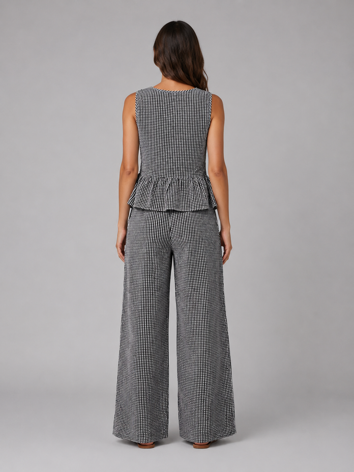 Women's Gingham Two-Piece Set - Sleeveless Top & Wide Leg Trousers product image | Invictora.com