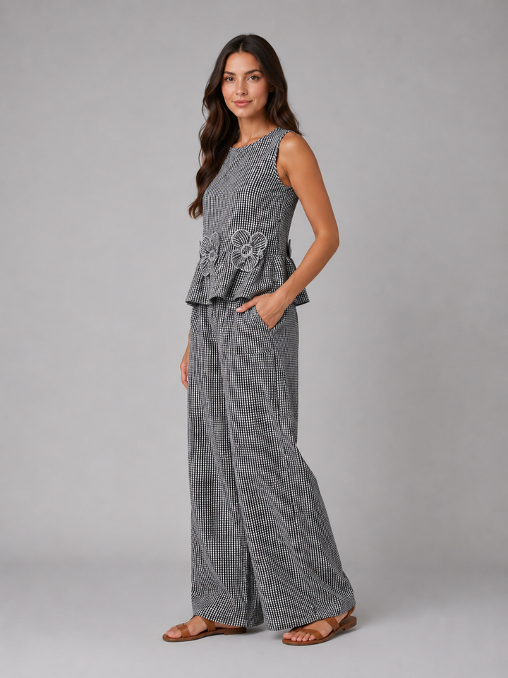 Women's Gingham Two-Piece Set - Sleeveless Top & Wide Leg Trousers product image | Invictora.com