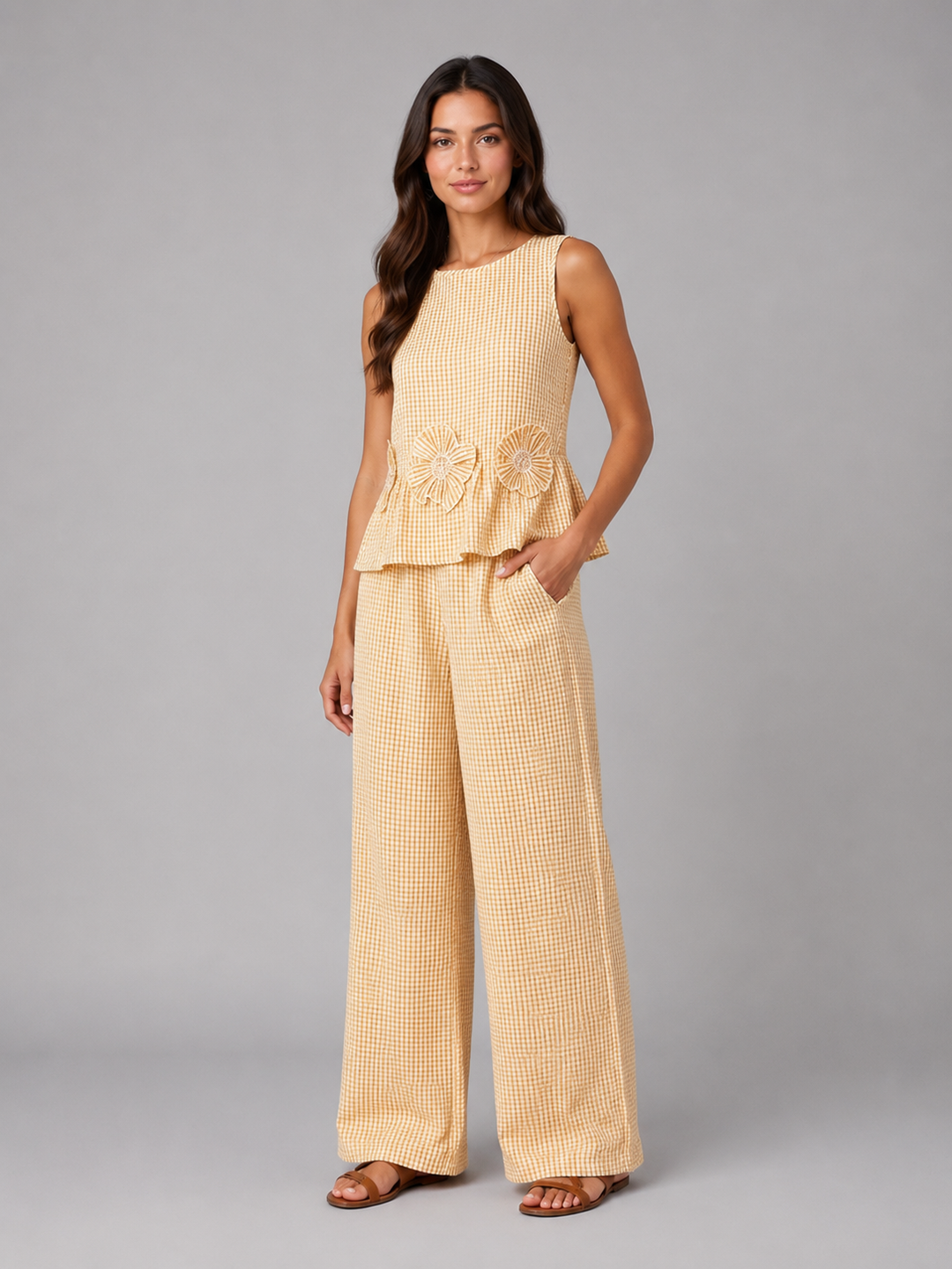 Women's Gingham Two-Piece Set - Sleeveless Top & Wide Leg Trousers product image | Invictora.com
