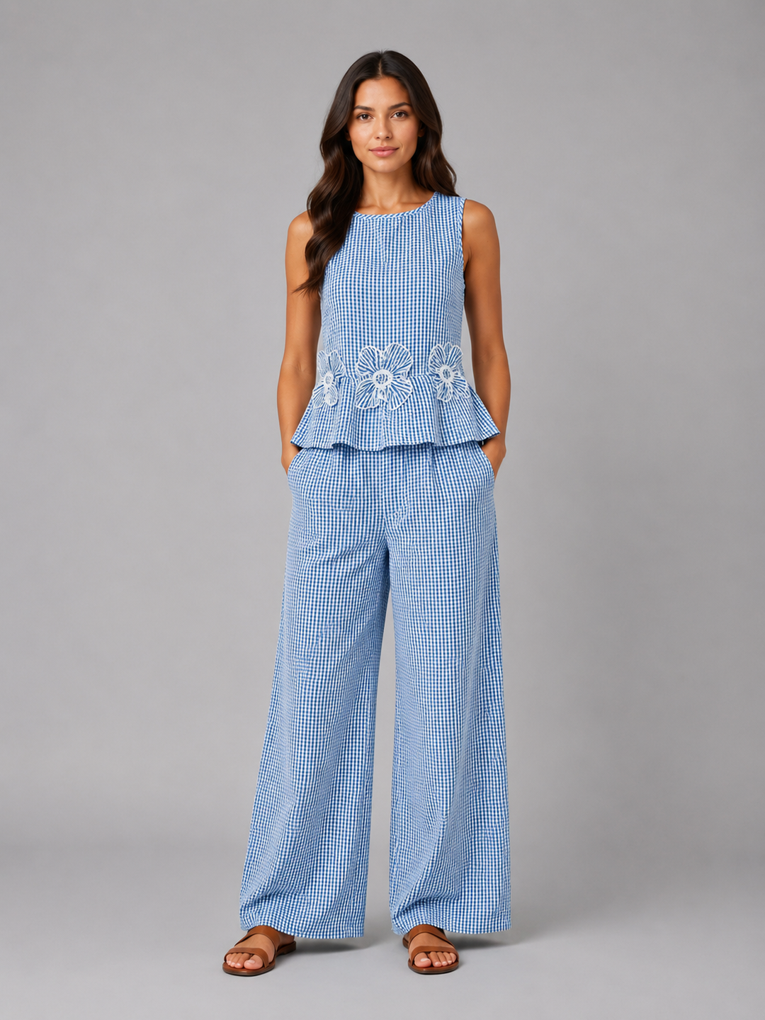 Women's Gingham Two-Piece Set - Sleeveless Top & Wide Leg Trousers product image | Invictora.com
