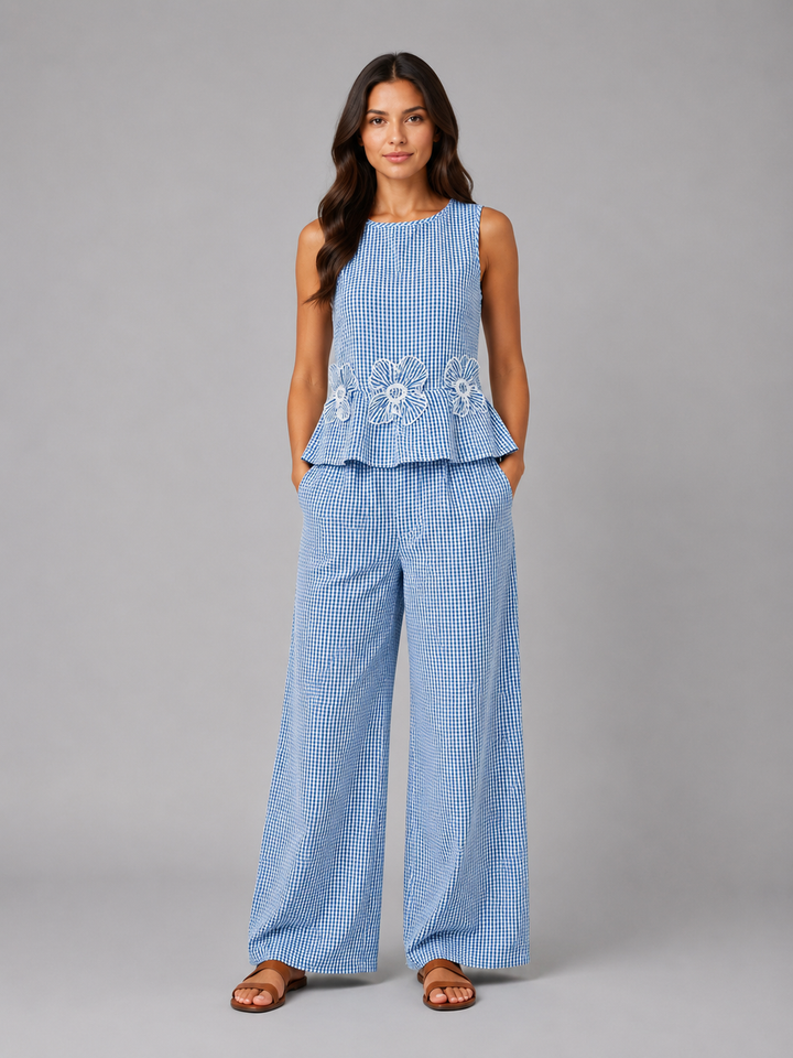 Women's Gingham Two-Piece Set - Sleeveless Top & Wide Leg Trousers product image | Invictora.com