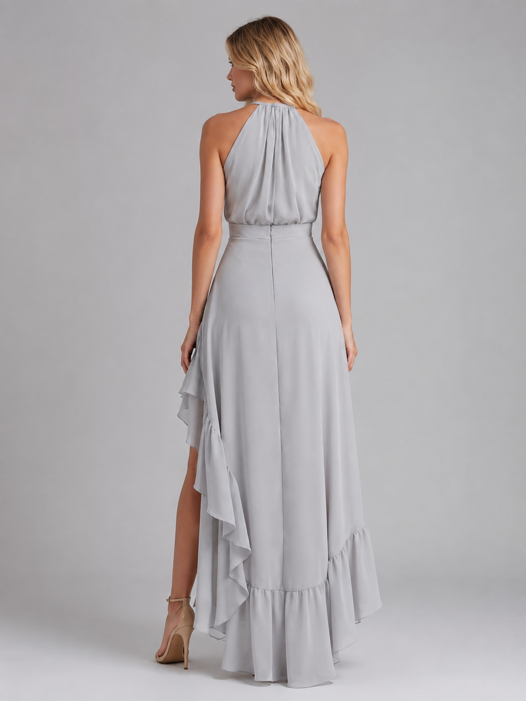 Women's Halter Neck Ruffle Midi Dress – Flowing Silhouette in Gray | Invictora.com