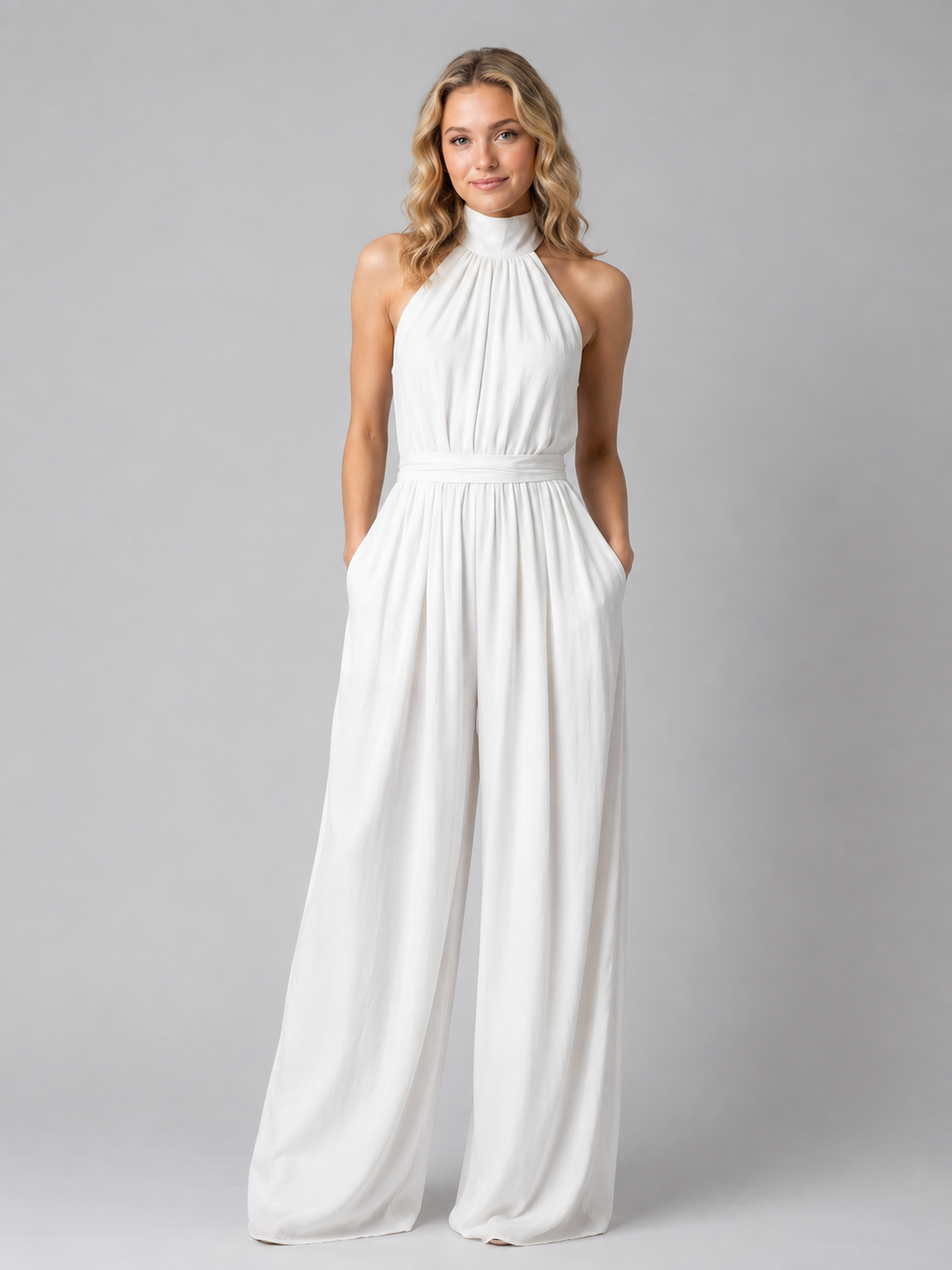 Women's Halter Neck Wide Leg Jumpsuit - Elegant Flowing Style product image | Invictora.com