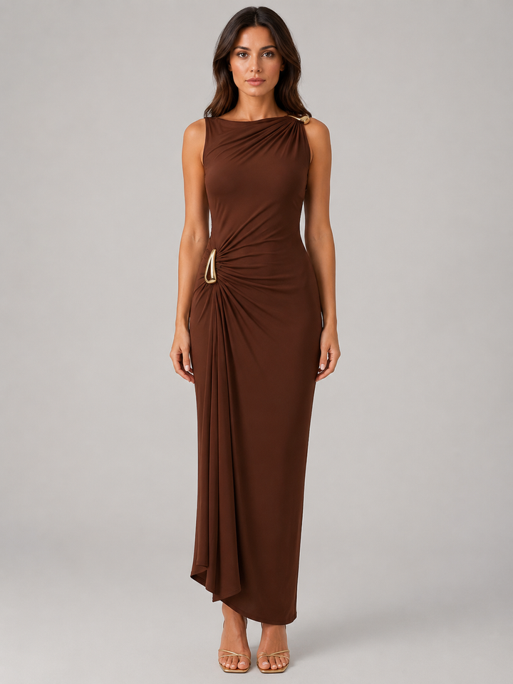 Women's High Neck Ruched Maxi Dress - Gold Detail Gown product image | Invictora.com