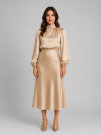 Women's High Neck Satin Feel Midi Dress – Elegant Long Sleeve Fit