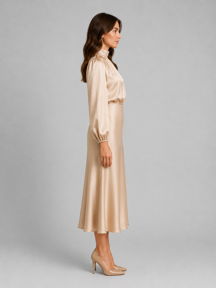 Women's High Neck Satin Feel Midi Dress - Elegant Long Sleeve Fit product image | Invictora.com