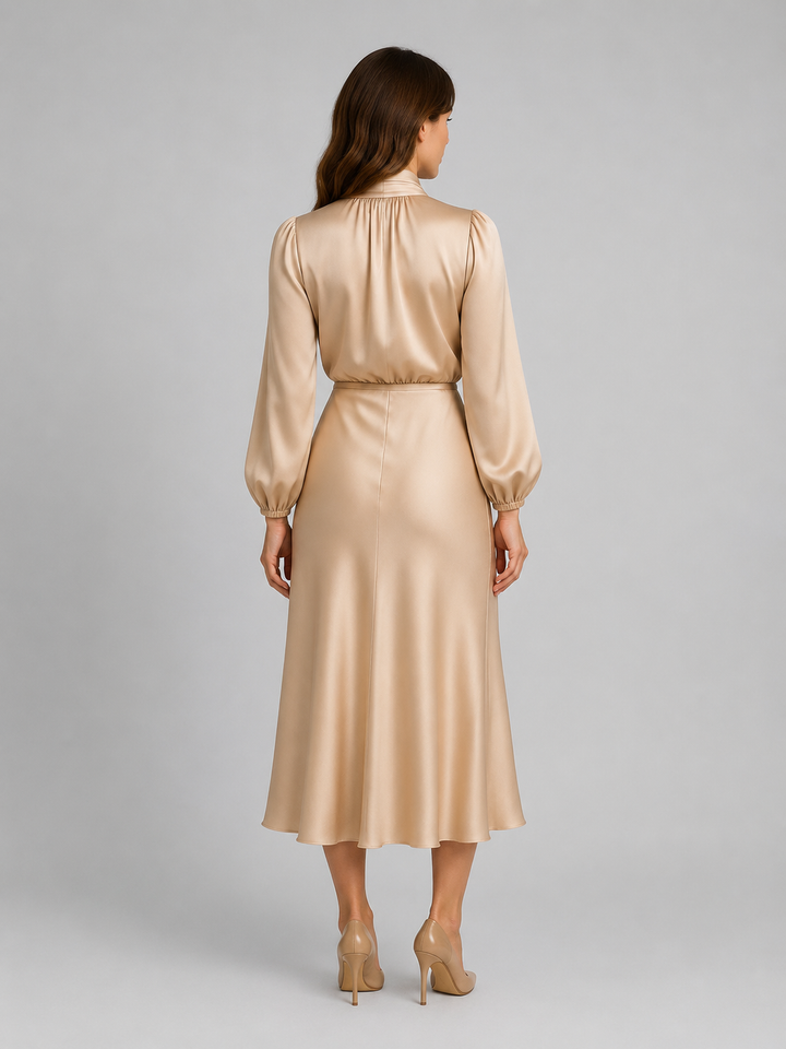 Women's High Neck Satin Feel Midi Dress - Elegant Long Sleeve Fit product image | Invictora.com