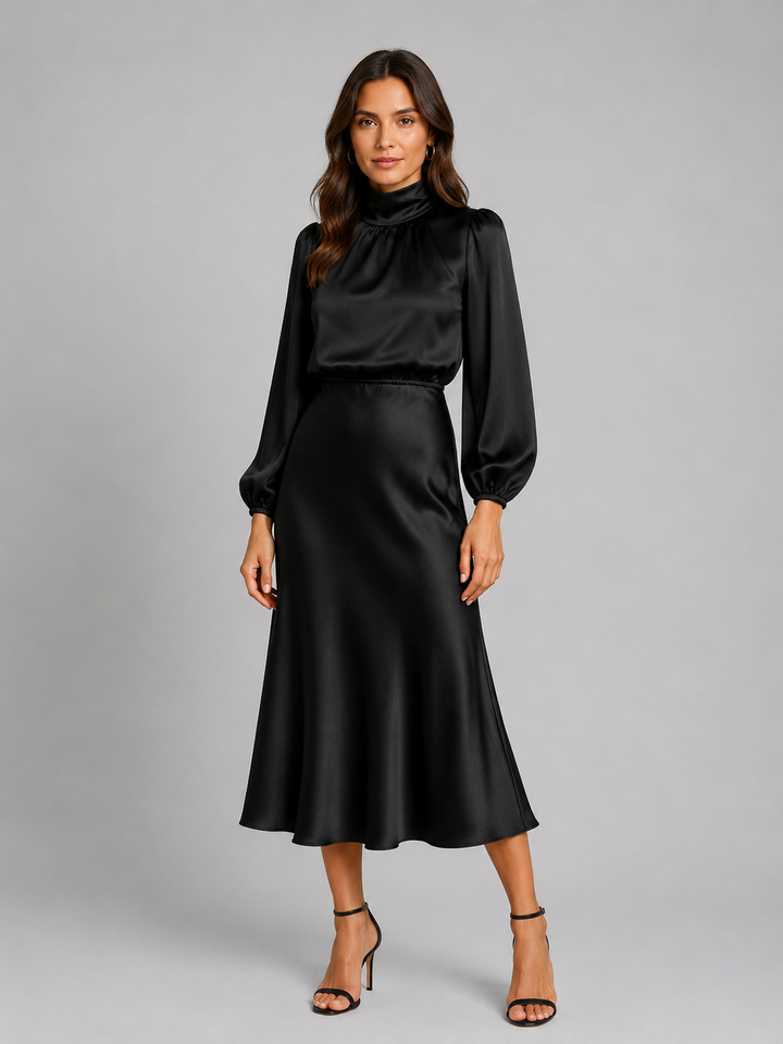 Women's High Neck Satin Feel Midi Dress - Elegant Long Sleeve Fit product image | Invictora.com