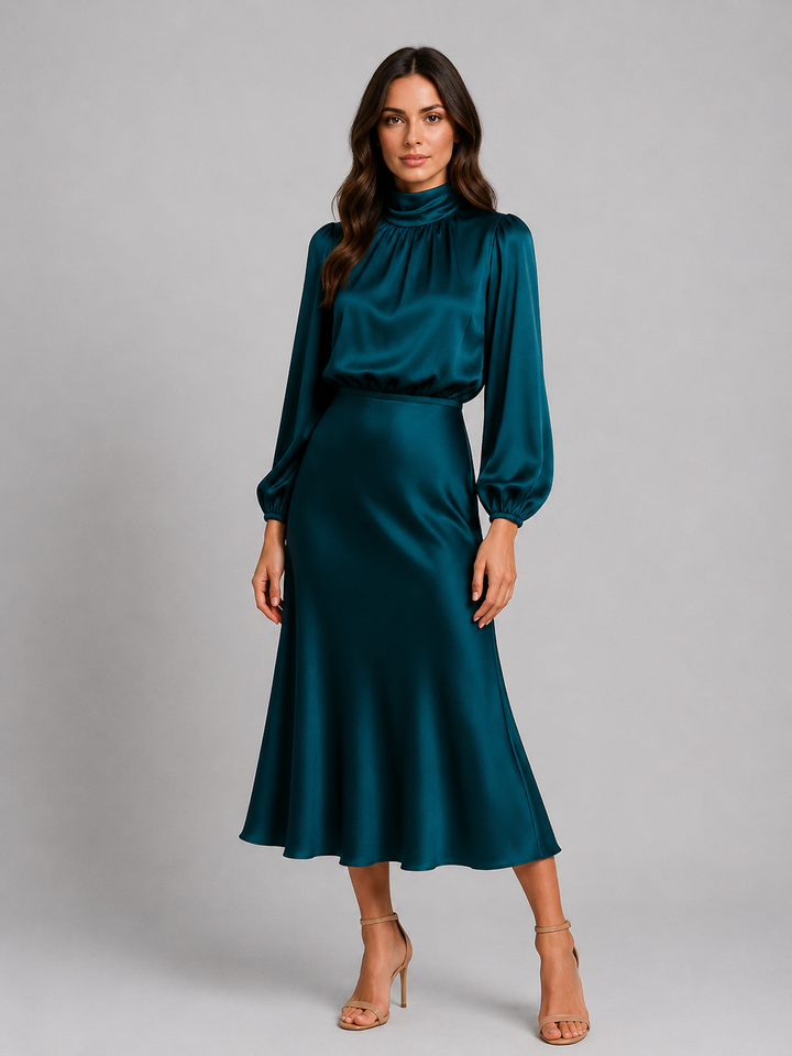 Women's High Neck Satin Feel Midi Dress - Elegant Long Sleeve Fit product image | Invictora.com