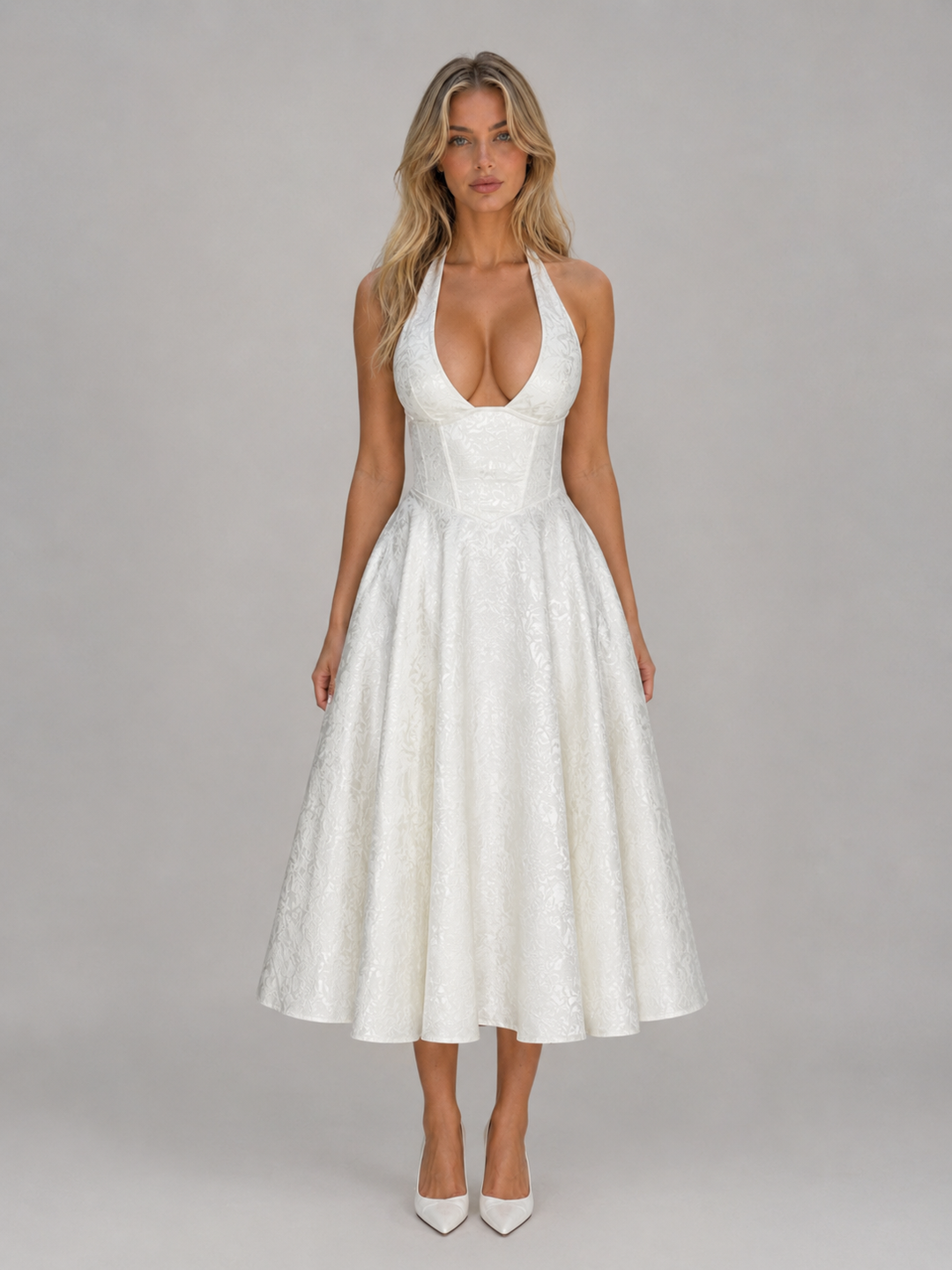 Women's Jacquard Halter Midi Dress – Full Skirt Occasion Style in White | Invictora.com