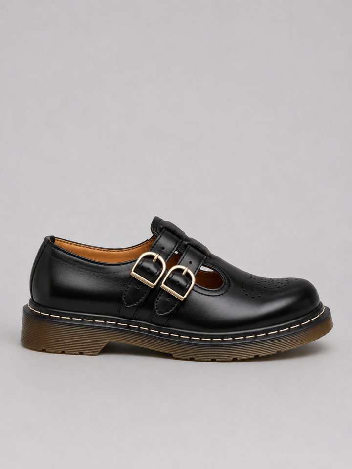 Women's Leather Mary Jane Shoes – Double Buckle Chunky Sole Flats in Black | Invictora.com