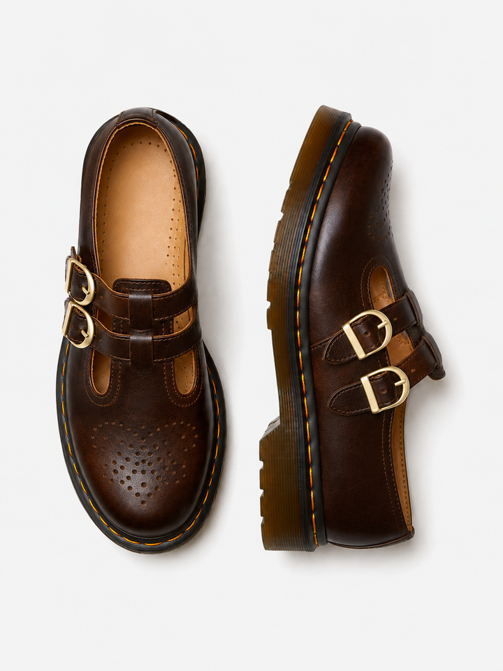 Women's Leather Mary Jane Shoes – Double Buckle Chunky Sole Flats in Brown | Invictora.com