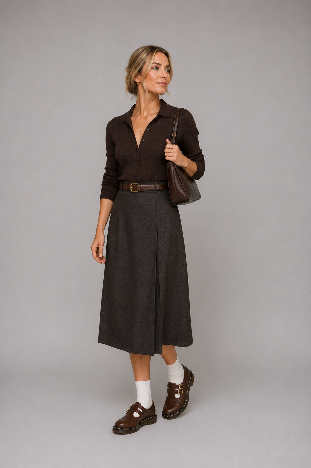 Women's Leather Mary Jane Shoes – Double Buckle Chunky Sole Flats in Brown | Invictora.com