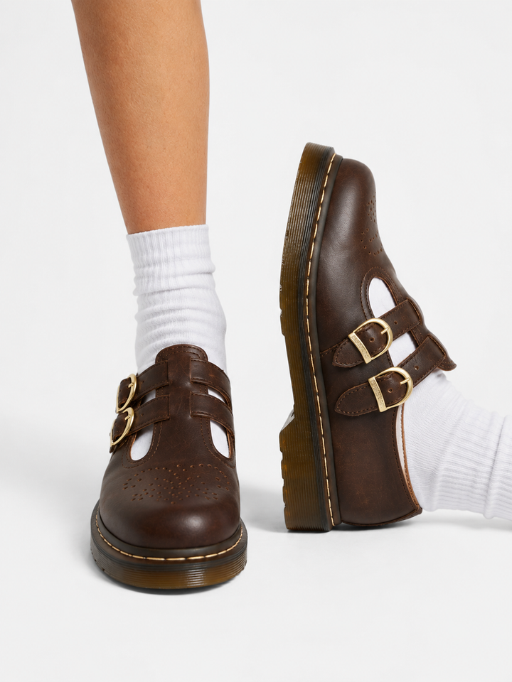 Women's Leather Mary Jane Shoes – Double Buckle Chunky Sole Flats in Brown | Invictora.com