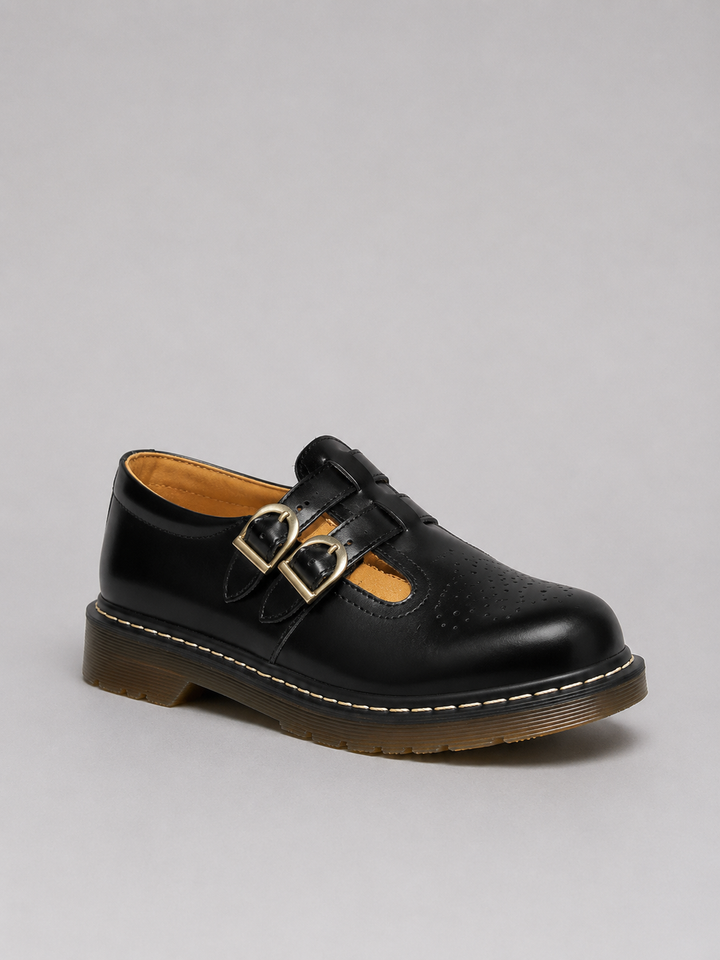 Women's Leather Mary Jane Shoes – Double Buckle Chunky Sole Flats in Black | Invictora.com