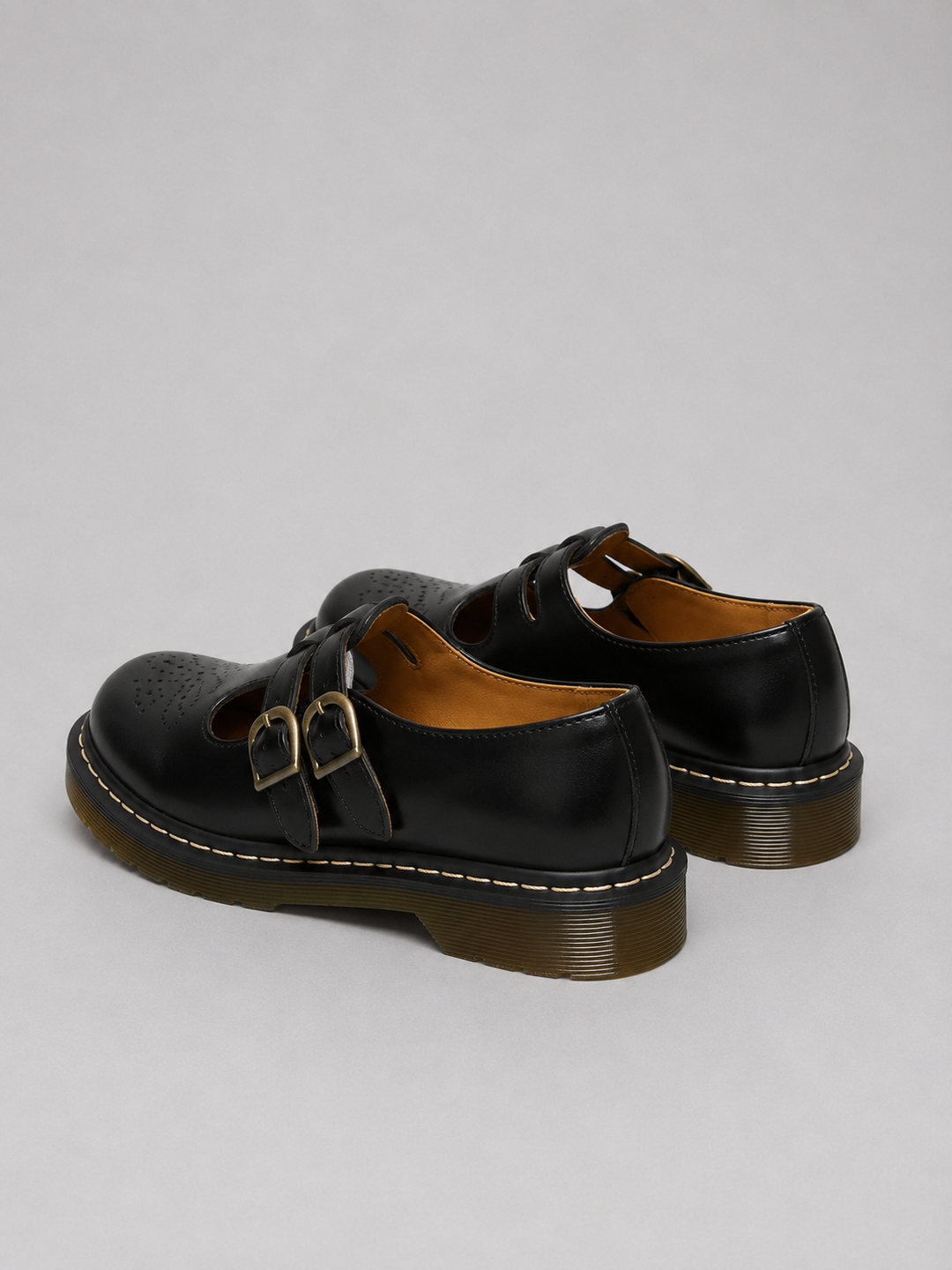 Women's Leather Mary Jane Shoes – Double Buckle Chunky Sole Flats in Black | Invictora.com