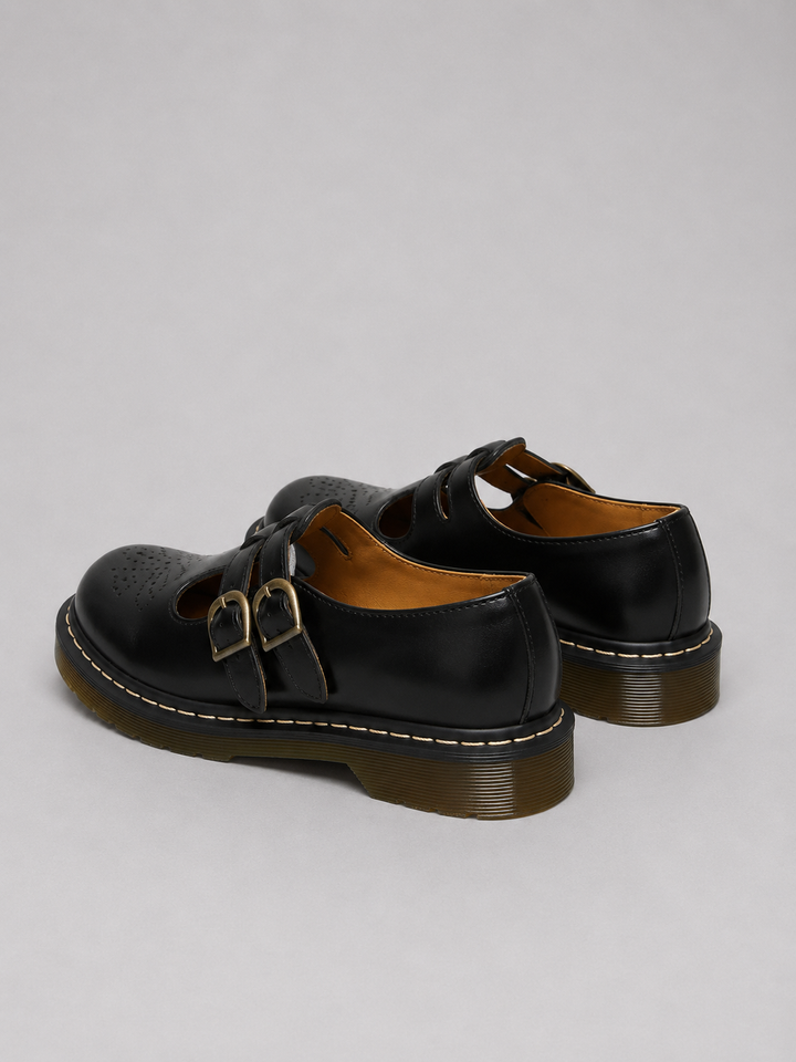Women's Leather Mary Jane Shoes – Double Buckle Chunky Sole Flats in Black | Invictora.com