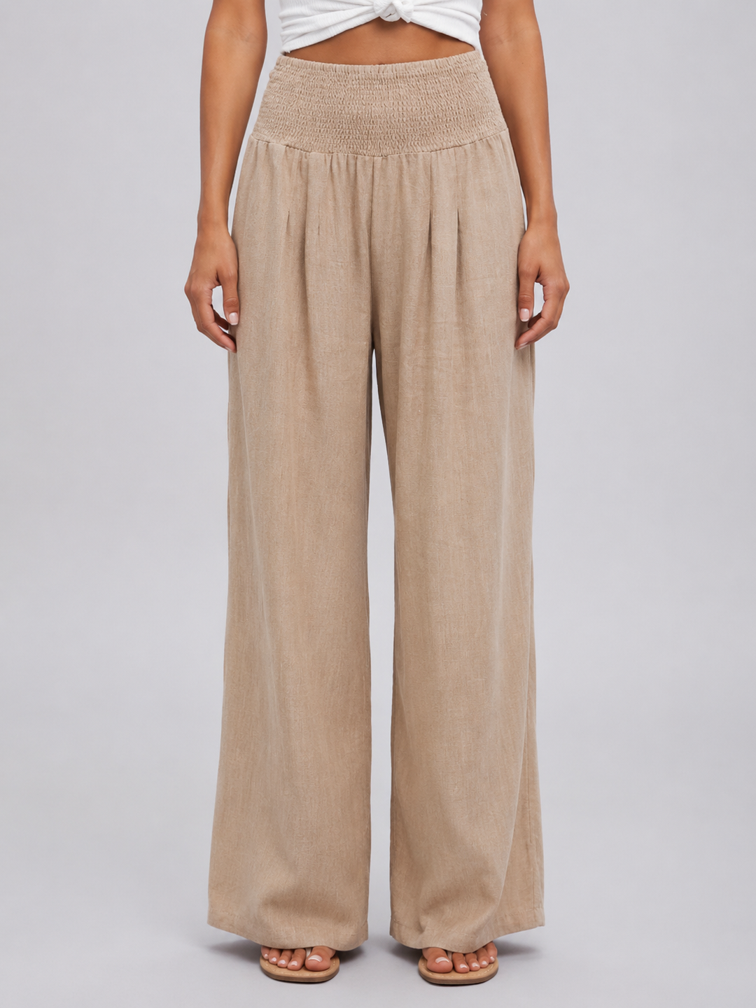 Women's Linen Look Wide Leg Trousers – Smocked High Waist Summer Style in Beige | Invictora.com