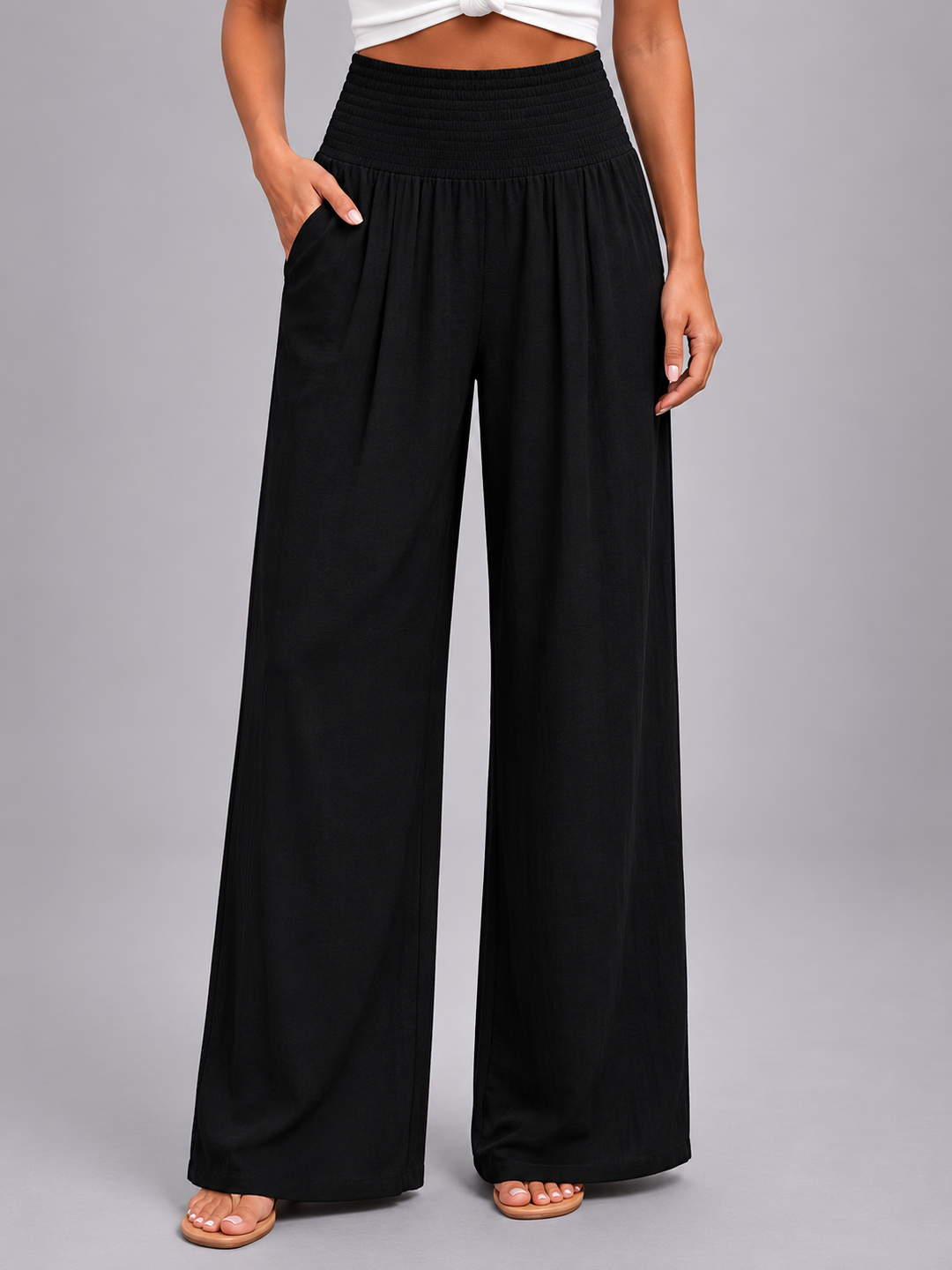 Women's Linen Look Wide Leg Trousers – Smocked High Waist Summer Style in Beige | Invictora.com