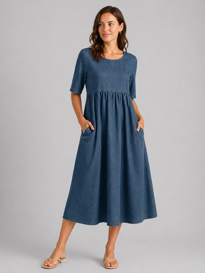 Women's Linen Look Midi Dress – Flattering Style in Blue | Invictora.com
