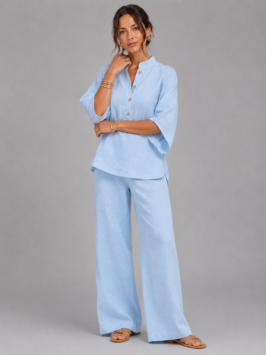 Women's Linen Style Two-Piece Set – Relaxed Wide-Leg Fit in Beige | Invictora.com