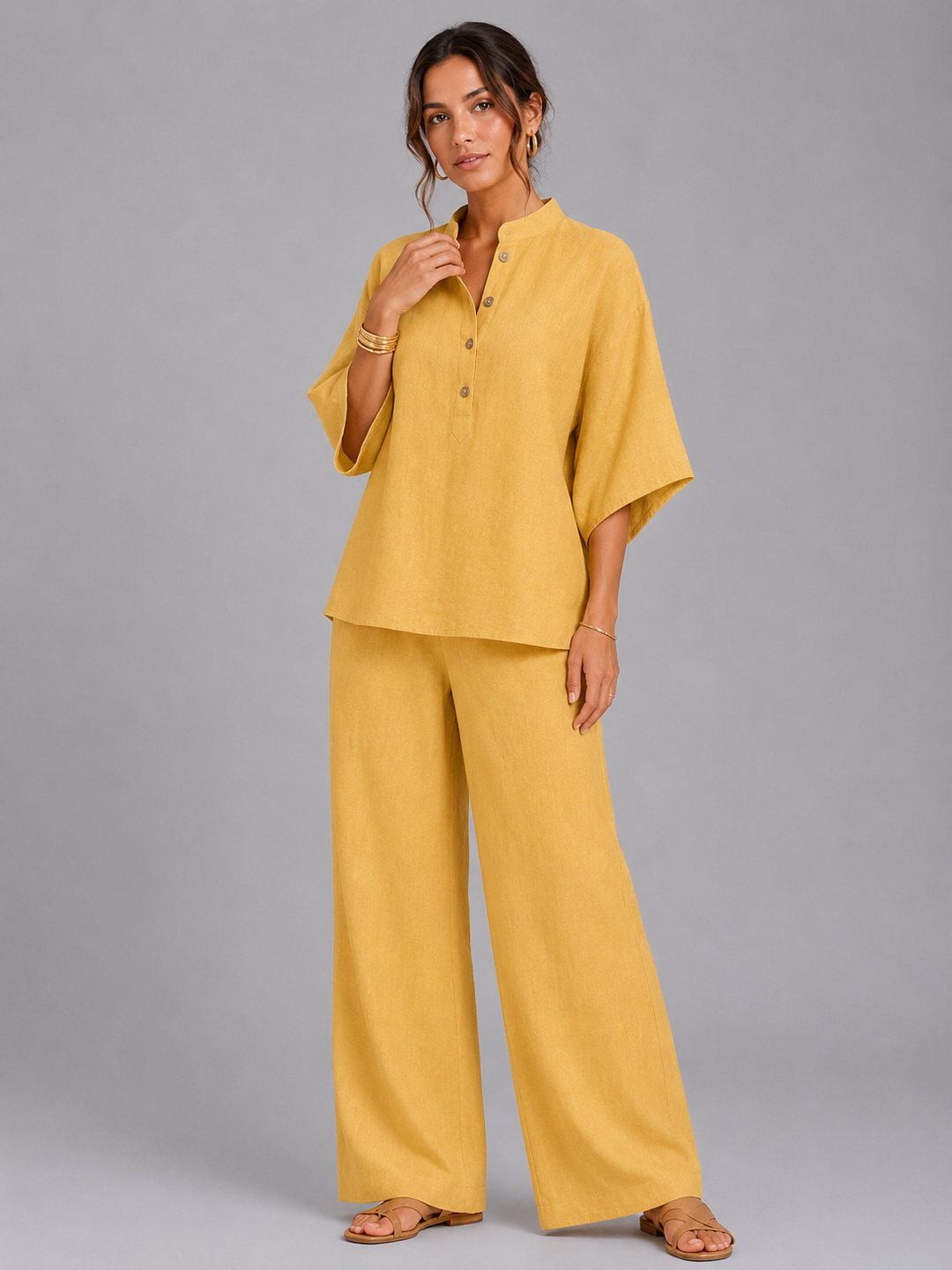 Women's Linen Style Two-Piece Set – Relaxed Wide-Leg Fit in Beige | Invictora.com