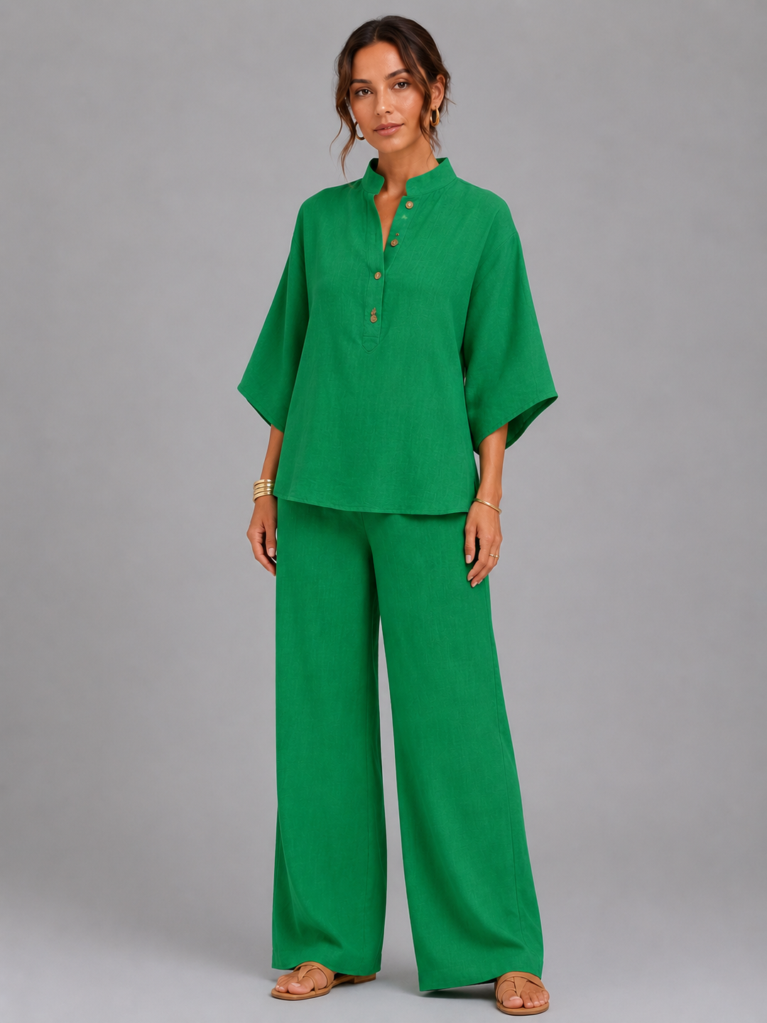 Women's Linen Style Two-Piece Set – Relaxed Wide-Leg Fit in Beige | Invictora.com