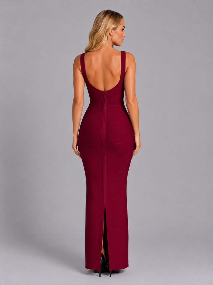 Women's Metallic Bandage Maxi Dress - Sculpting Evening Gown in Burgundy | Invictora.com
