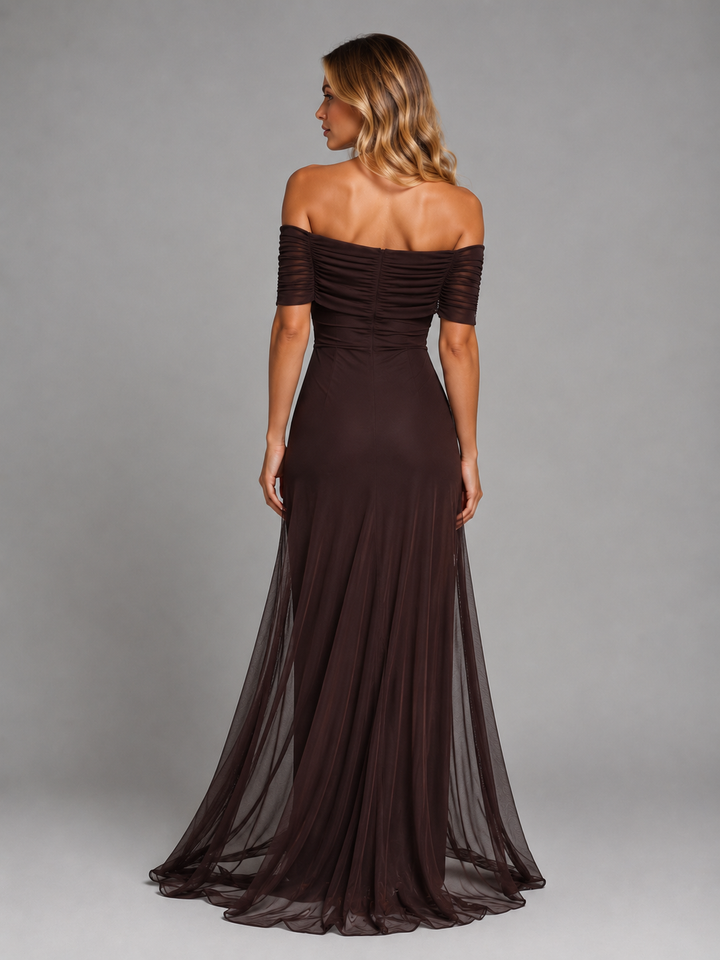 Women's Off-Shoulder Flowy Maxi Dress – Chiffon Evening Style in Brown | Invictora.com