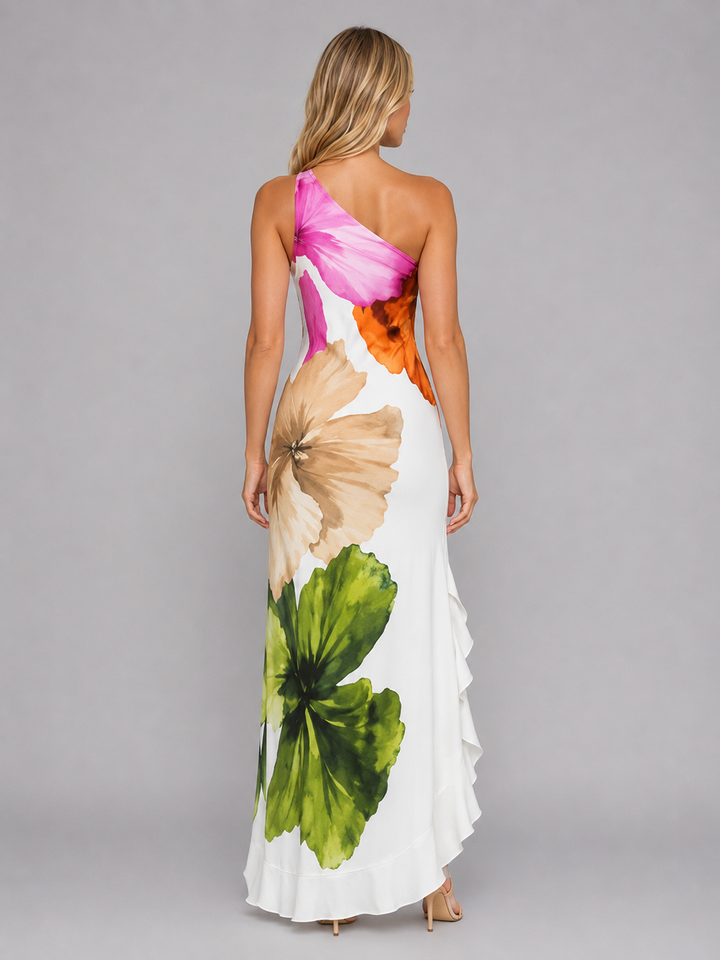 Women's One-Shoulder Floral Maxi Dress – Ruffle Hem Summer Style in Floral | Invictora.com