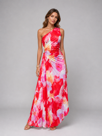 Women's One-Shoulder Pleated Maxi Dress – Floral Statement Elegance