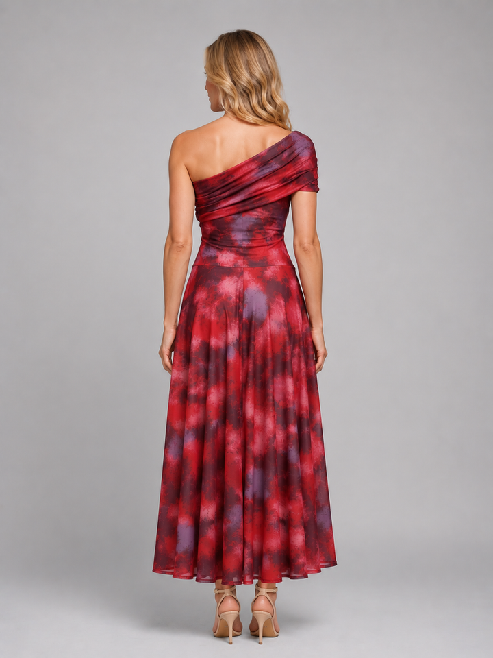 Women's One-Shoulder Printed Maxi Dress – Flowing Silhouette in Red | Invictora.com