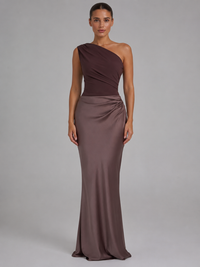 Women's One-Shoulder Satin Feel Maxi Dress – Wedding Guest Gown