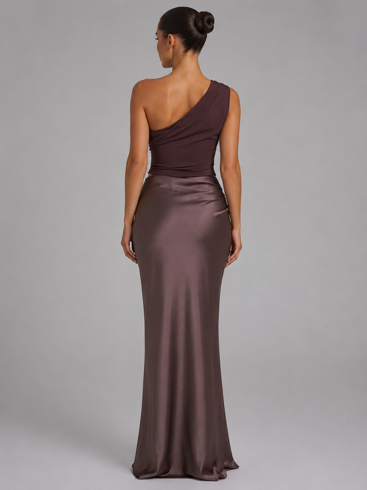 Women's One-Shoulder Satin Feel Maxi Dress – Wedding Guest Gown in Brown | Invictora.com