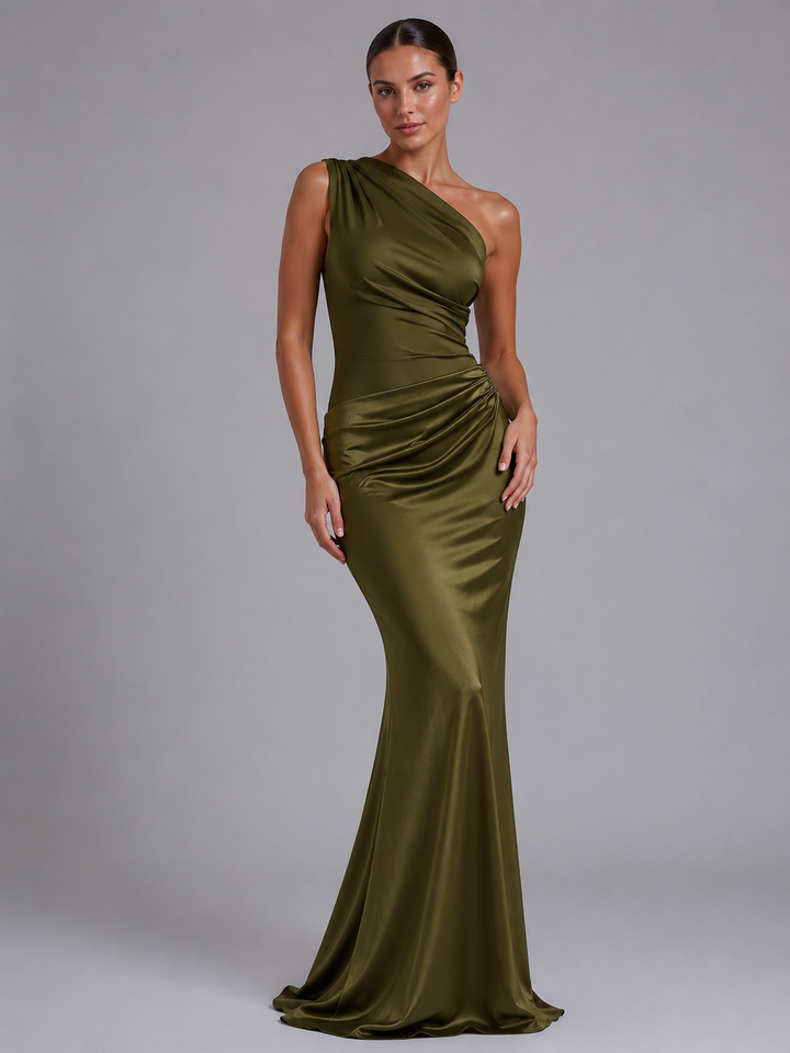Women's One-Shoulder Satin Feel Maxi Dress - Wedding Guest Gown product image | Invictora.com