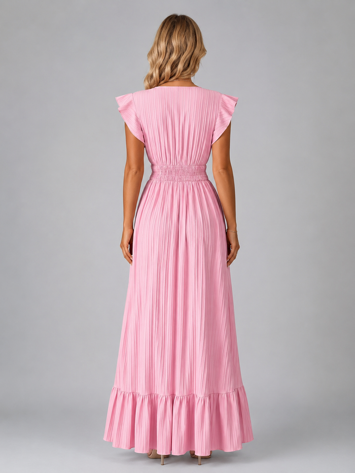 Women's Pleated Maxi Dress with Flutter Sleeves - Flowing Elegant Style product image | Invictora.com