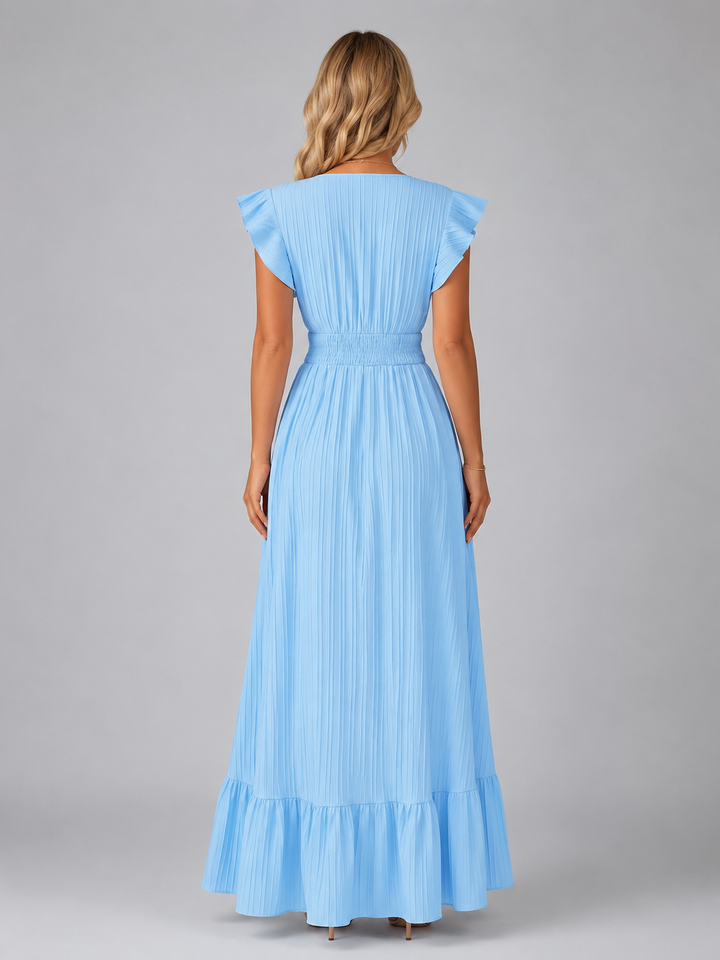 Women's Pleated Maxi Dress with Flutter Sleeves - Flowing Elegant Style product image | Invictora.com