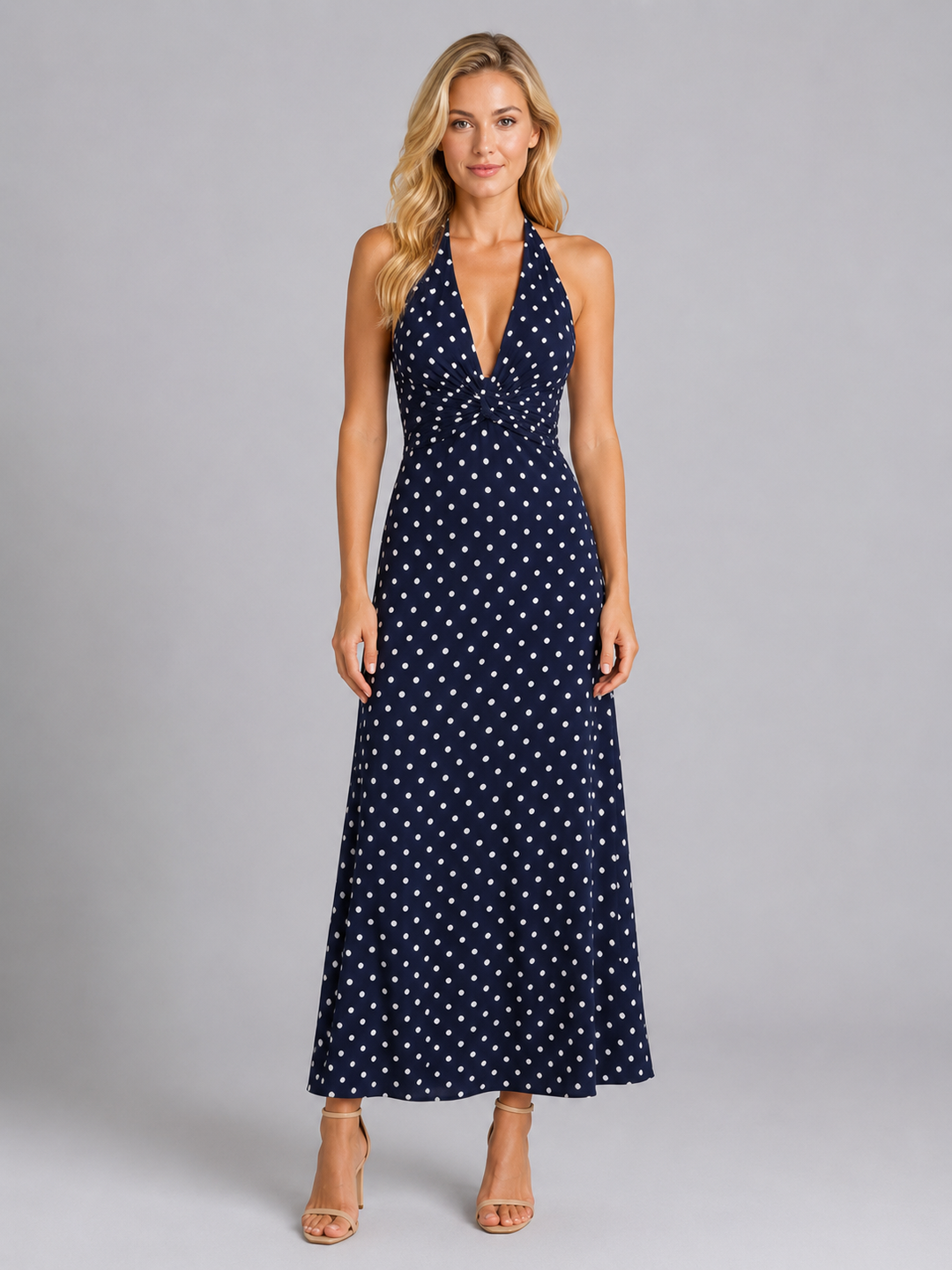 Women's Polka Dot Halter Maxi Dress – Summer Occasion Style in Navy | Invictora.com