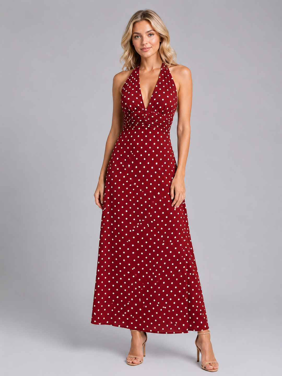 Women's Polka Dot Halter Maxi Dress – Summer Occasion Style in Brown | Invictora.com