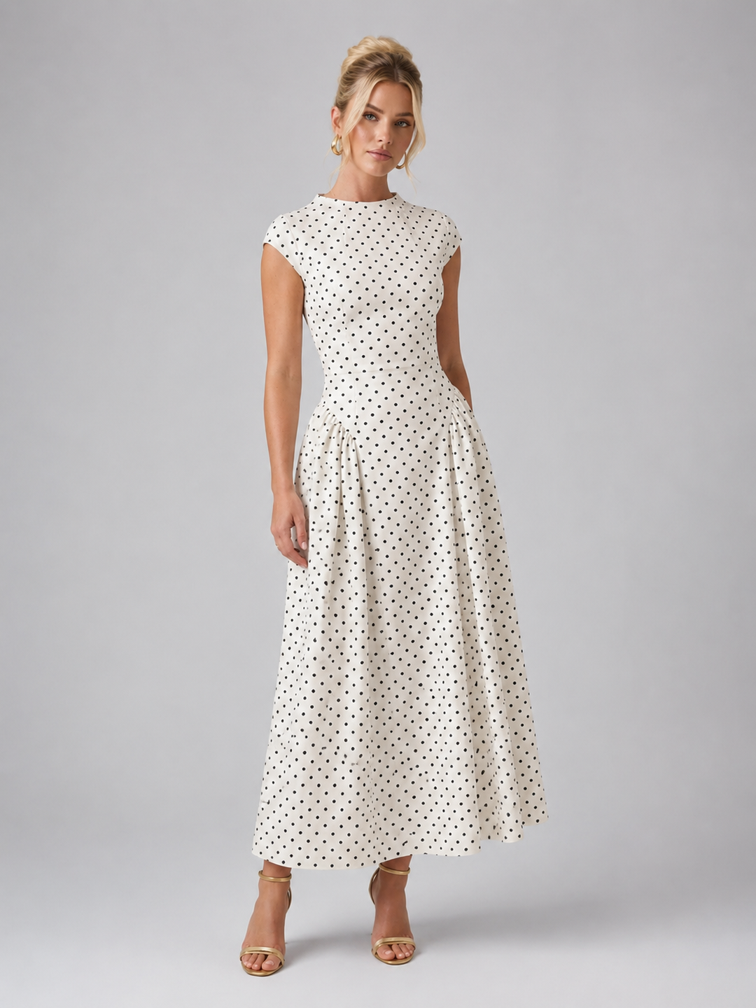 Women's Polka Dot Maxi Dress – Elegant A-Line Silhouette in White | Invictora.com